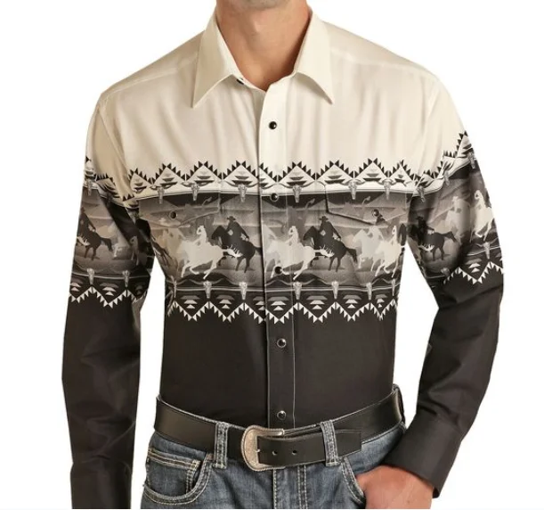 Lässiges Retro-Herren-Langarm-Stehkragenhemd im amerikanischen Western-Denim-Stil, individuell, personalisierbar, bedruckt114_voghion.com