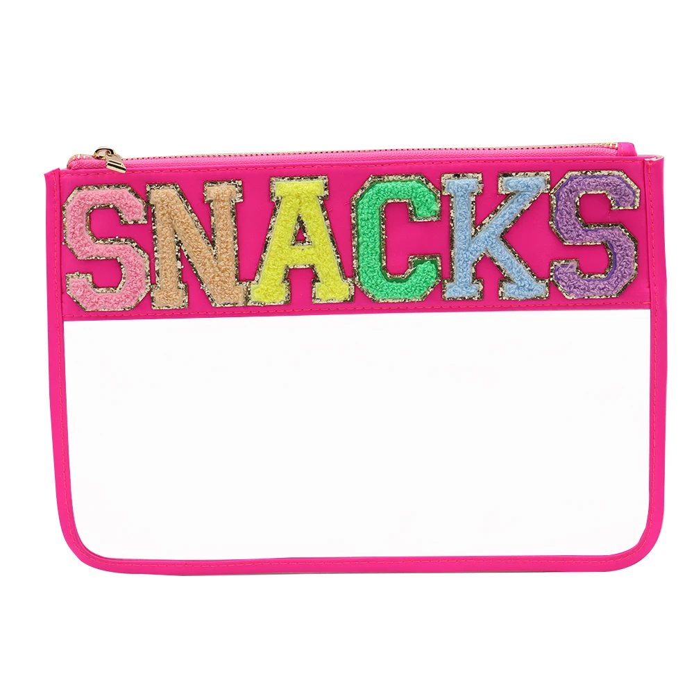 Snacks Letter Transparent Low Price PVC Cosmetic Bag Clutch Women Clear Makeup Bag Flat Zipper Pouches Make up Cosmetic Bag