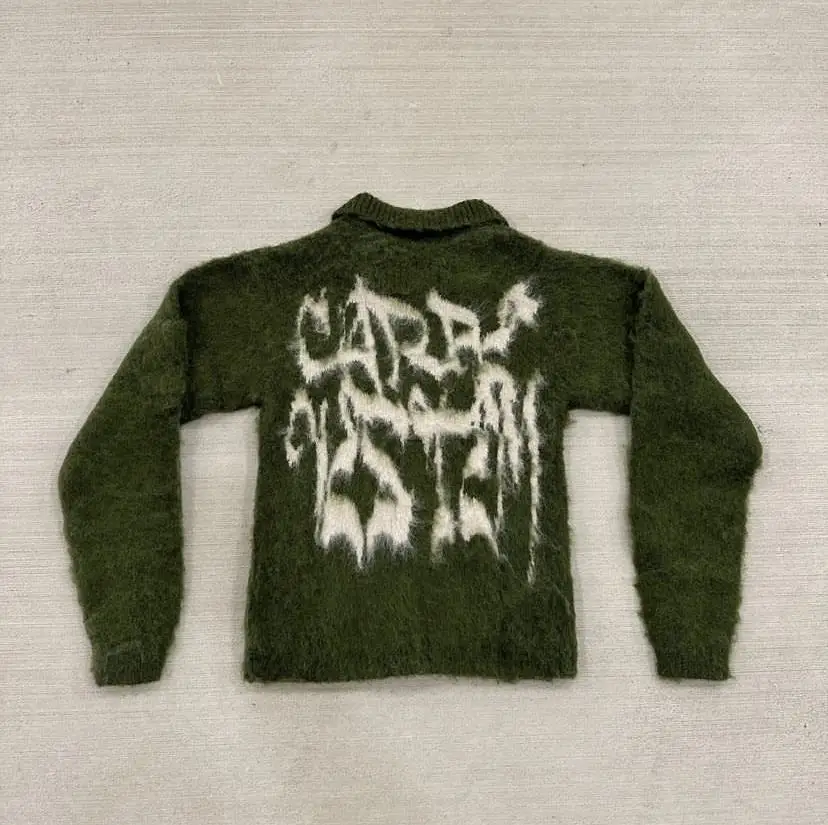 Custom Unisex Screen Print Logo Brushed Mohair Wool Jacquard Fuzzy Knitted Zip up Polo Jacket Fuzzy Mohair Blend Sweater for Men gallery 3