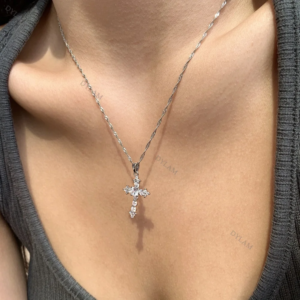 KAKODIY Sterling Silver Jewelry Simple Crystal Pendant Women's Necklace Zirconia Jewelry Couple Exquisite 925 Sterling Silver Cross Necklace detail 7