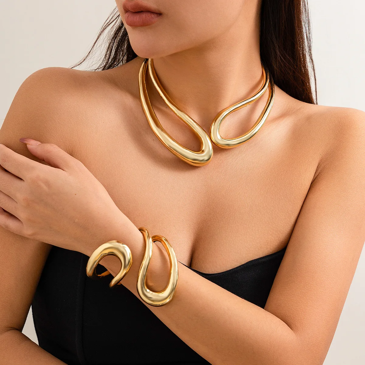 Exaggerated Design Gold Plated Irregular Fashion Jewelry Jewelry Sets Big Open Twist Knot Choker Necklace Bracelet Femme