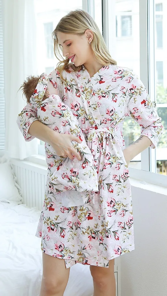 FEMME de maternité Pyjamas grossesse chemise de nuit en soins infirmiers Coton Kimono peignoirs 