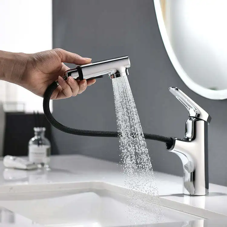 Deck Mounted Single Handle Black Bathroom Sink Tap Pull Out Basin Faucet Wash Basin Sprayer Faucet Mixer Tap