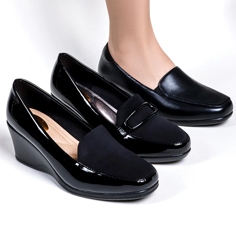2023 Arch Support Insole Comfortable Shoes Women Solid Black Wedge Heel
