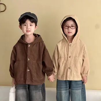 2025 Spring and Autumn New Corduroy Short Jacket for Boys and Girls Children's Casual Solid Pattern Hooded Baby Tops