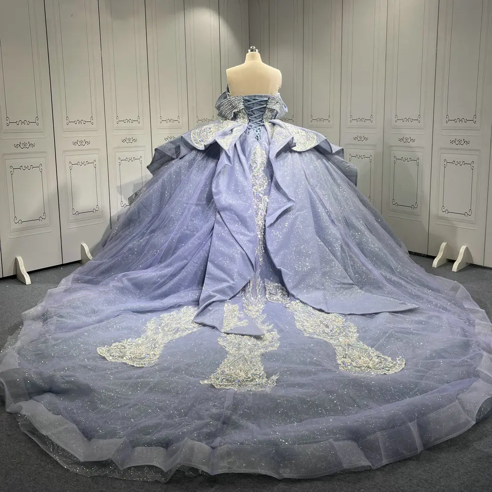 grey blue quince dress Romantic Light Grey Long Sleeves Floral Lace Applique Ball Gown Evenin