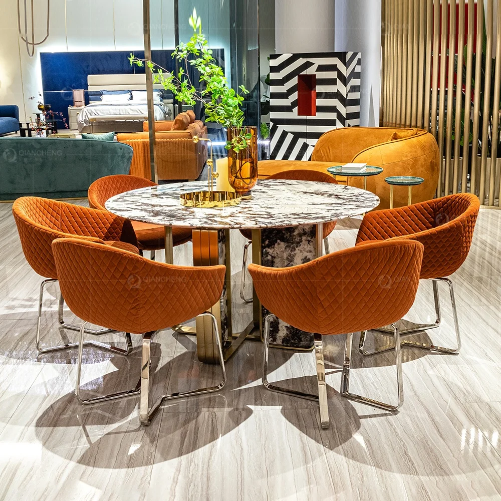 Design Style 12 Seater White Round Concrete Dining Table Feature Gold Steel Marmur Luxury Dining Room Table and Velvet Chairs