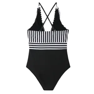 2023 Women's Sexy European American Style One-Piece Bikini Striped Print Swimsuit Logo Waist Fast Delivery Triangle Beachwear