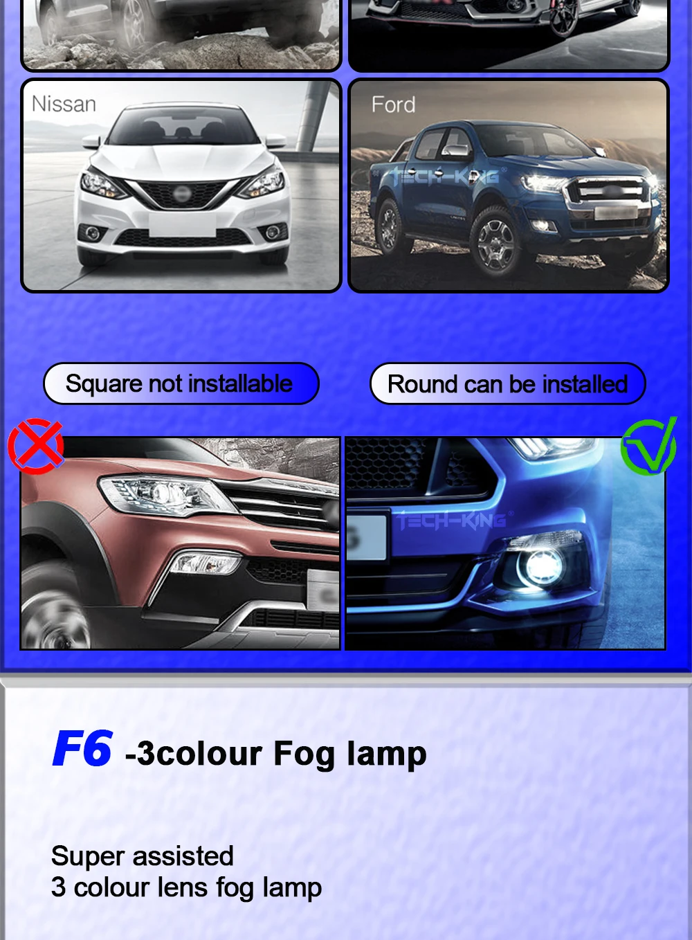 TECH-KING 3.0 inch projector led fog lights for universal cars 12V 3 color mode led fog lights bi led lens projector