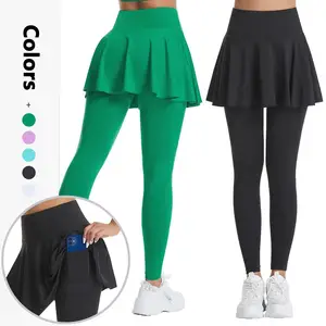 Women's Double Layer Running Tights Wholesale Two-Piece Sports Gym Wear with Elastic Waist Tennis Skirt Pants Solid Pattern