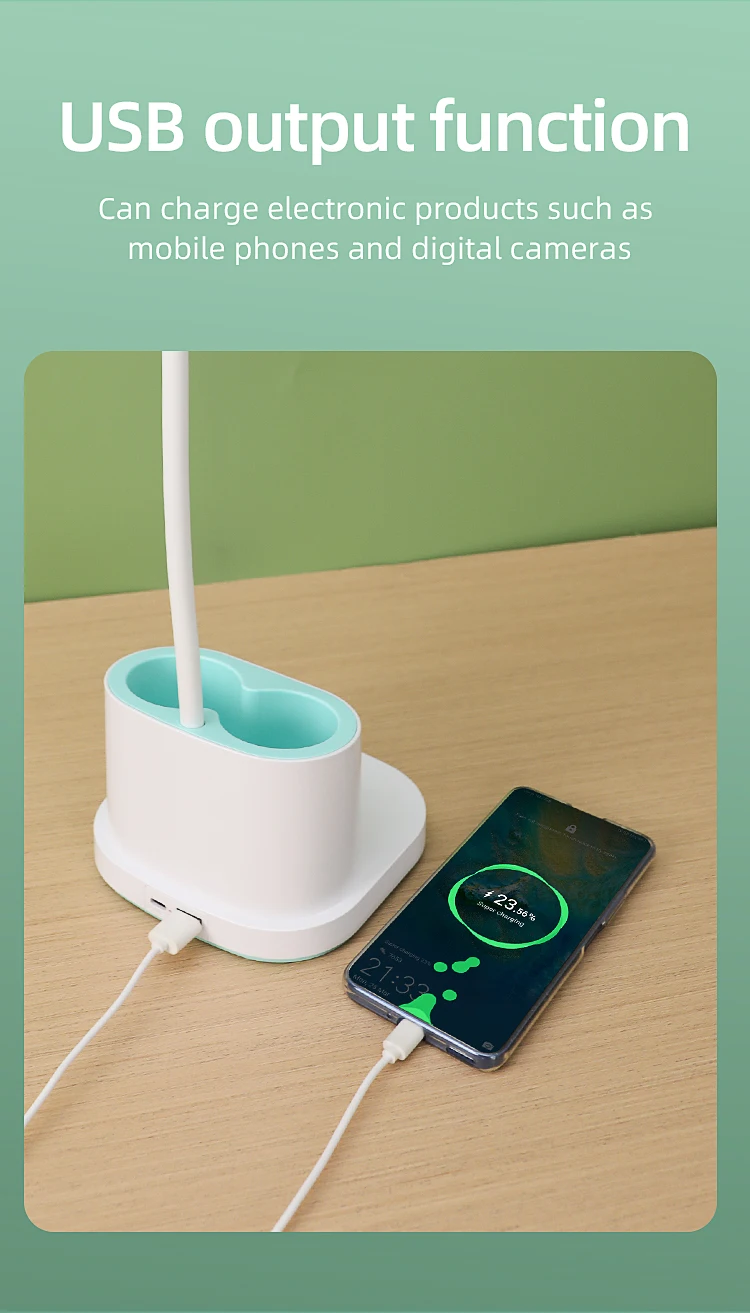 Bright Rechargeable Student Table Lamp Portable Plastic Led Bed Side Reading Desk Lamp with Pencil Holder and USB