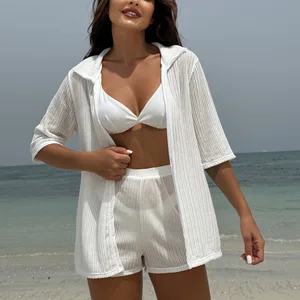 Women's Summer Four-Piece Beachwear Cover-Up Swimsuit Outfit Sheer Mesh Shirt and Shorts Bikini Set