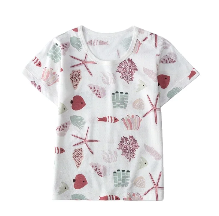 Супермягкая футболка с коротким рукавом для малышей из 100% бамбукового волокна с круглым вырезом и принтом на пуговицах