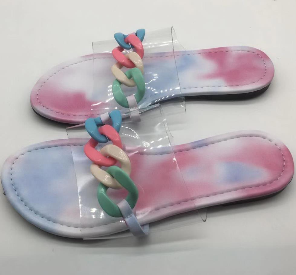 Шлепанцы женские на плоской подошве, Модные прозрачные пляжные сандалии с пряжкой и цепочкой, низкая цена