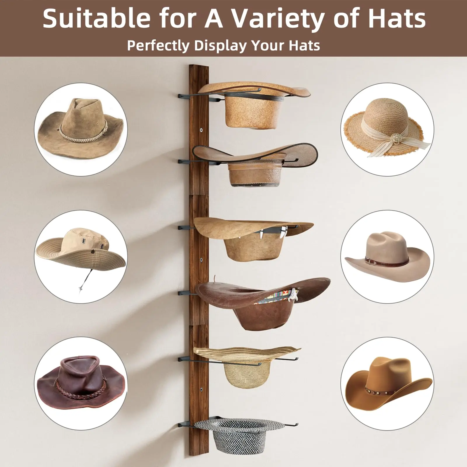 Wall-Mounted Cowboy Hat Rack 6-Tier Wooden Hat Hanger for Western Hats Caps Accessories Hat Holder Large Brim Hat Organizer