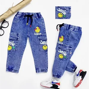 Trendy Printed Elastic Straight Denim Pants for Boys & Girls Eco-friendly 100% Cotton Casual Jeans for Spring & Autumn