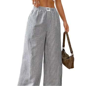 Custom Logo Causal 100 Cotton Loose Blue Stripe Long Pants Women's Trousers Plus Size Women's Pants