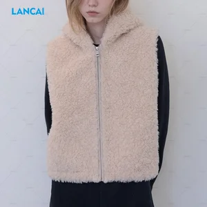 Cut and Sew Clothing Manufacturer Customized Women Dressy Zip Up Sleeveless Sharpa Fleece Vest Hoodies