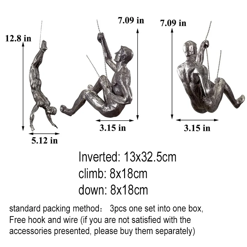 Climbing Man Wall Art Hanging Decoration Wall-mounted Sculpture Resin  Climbers Figure Set of Antique Silver Rock Climbing Men