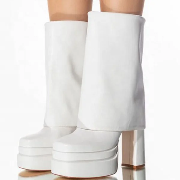 Trendy Short Overlay Platform Booty Chunky High Heels Ankle Boots for Women Square Toe Folded Over Shoes