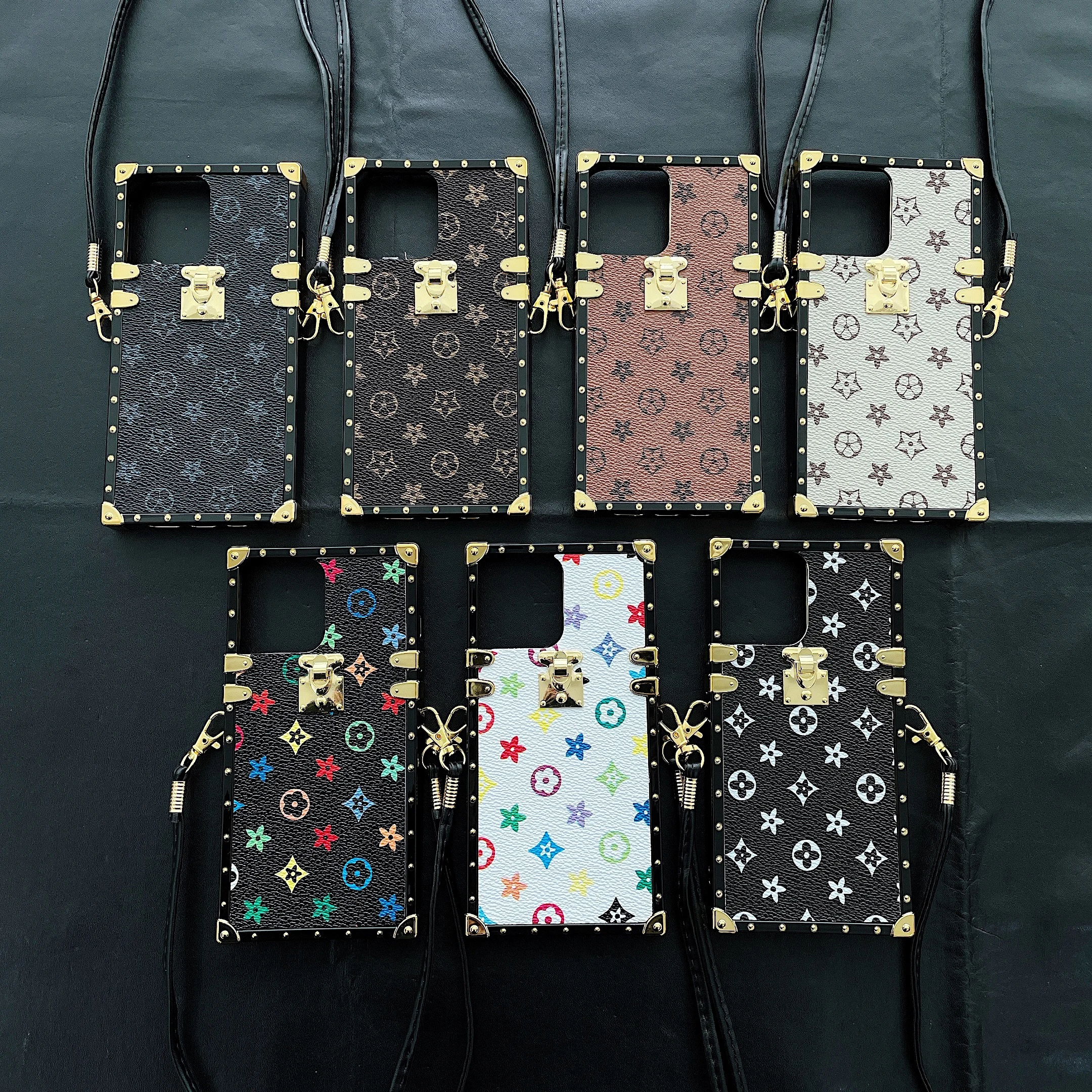 Custom Retro Luxury Designer Cell Phone Cases Square Leather Mobile Phone Case with Strap Wholesale for Iphone 12 Pro Max