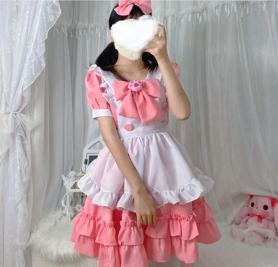 Lolita Vestido bonito rosa plissado empregada roupa kawaii arco nó gato  pata Menina japonesa JK cosplay trajes S-5XL diária uniforme festa