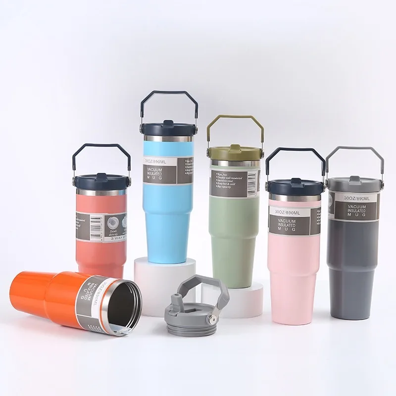 Factory Wholesale Portable 30oz Outdoor Leakproof Stainless Steel Flip Straw Insulated Travel Coffee Tumbler Handle 6-12hr with Custom Logo