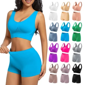 Women's Sports Bras and Shorts Set Mesh Breathable Seamless Running Push-up Tank Top with Casual One Piece Yoga Tank Top Shorts