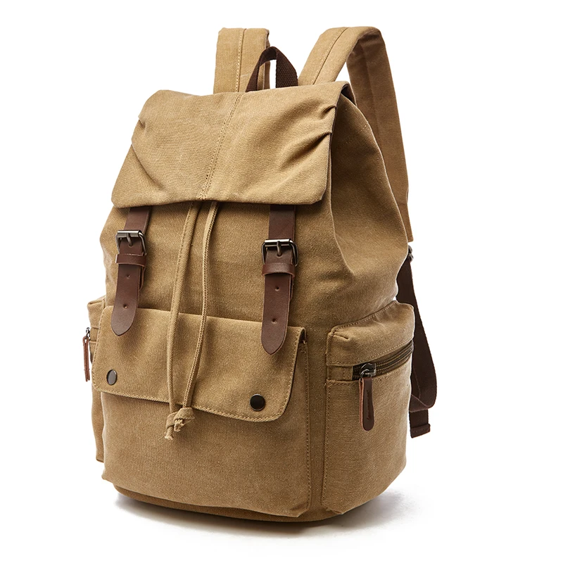 ZUOLUNDUO Solid Color Vintage Canvas Backpack Drawstring Fashionable Portable Leisure Bag for Men Women for Outdoor Adventures
