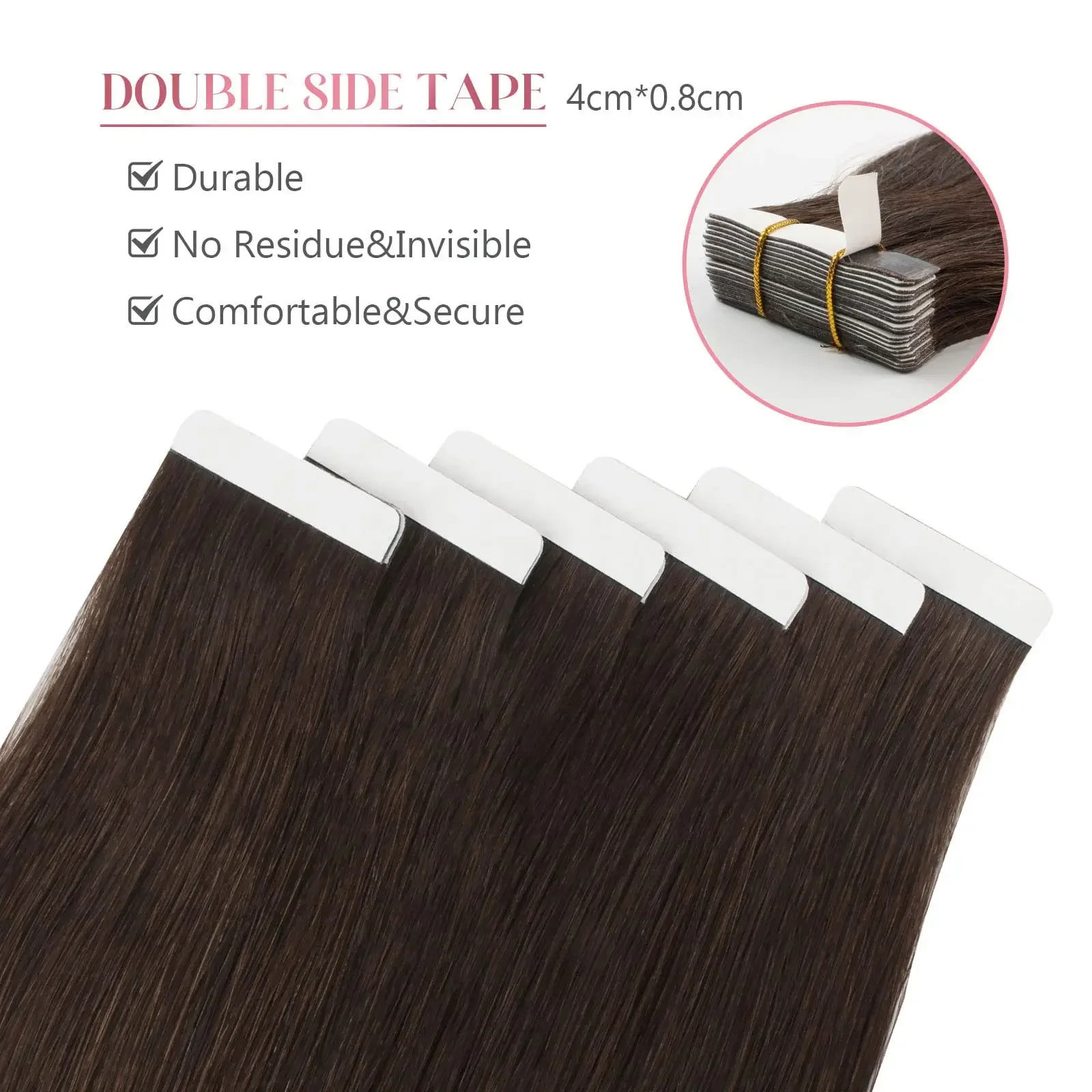 Dunkelbraunes Tape in Echthaar-Extensions, glattes Remy-Menschenhaar, nahtlos, Hautschuss, weiches Haar_voghion.com