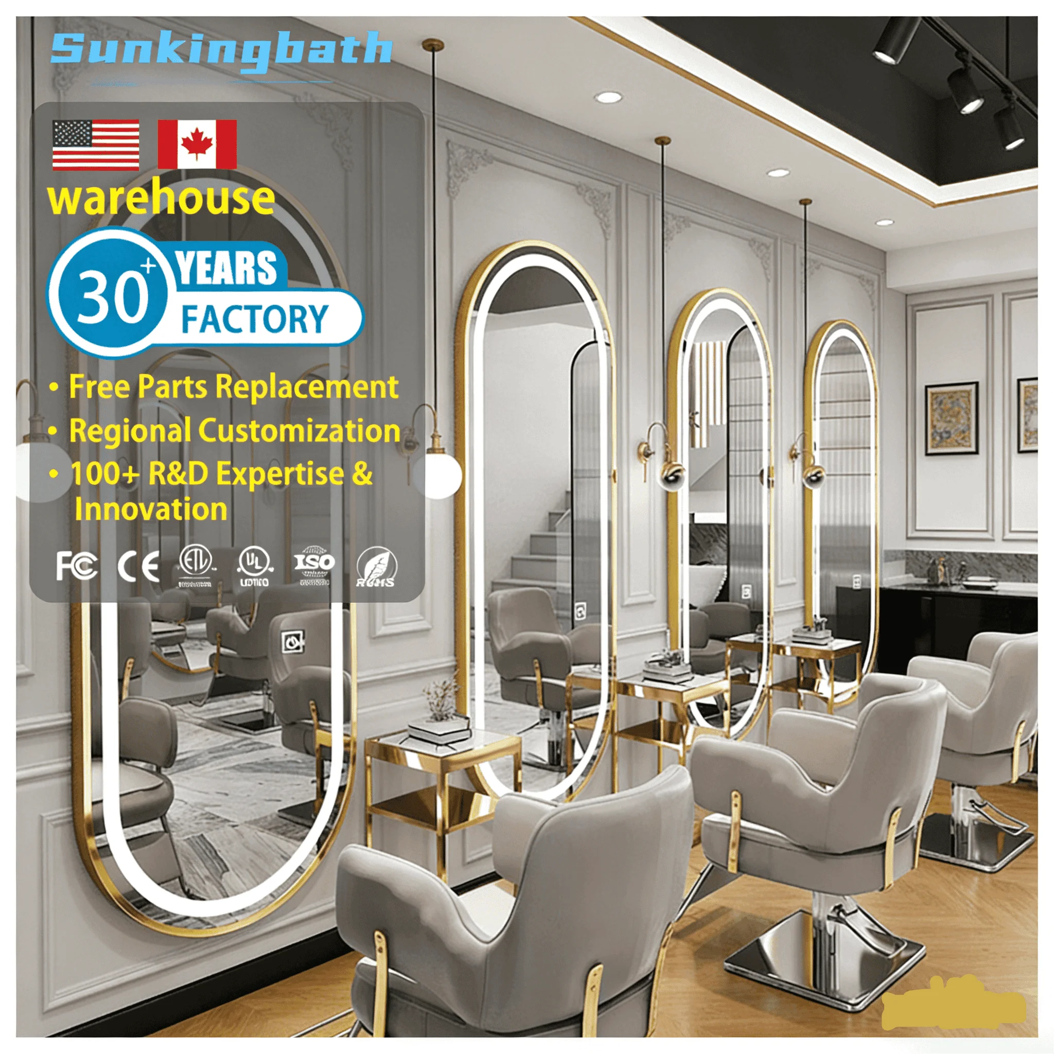Modern Design Customized Hair Cutting Smart Mirror Touch Switch Anti-Fog LED Light Frame Wall-Mounted Salon Mirror