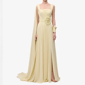 ZYHT 73476 3D Floral Sleeveless Backless Vestidos Ladies Elegant Mesh Pleated Dress Yellow Maxi Long Evening Dresses for Women