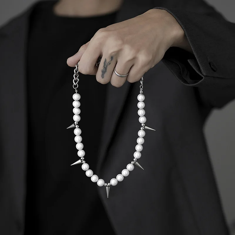 Thick Beaded Choker - Punk Pearl Necklace for Men