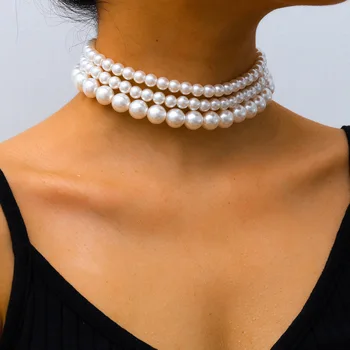 Elegant Different Size Imitation Pearl Necklace Multi Layer Triple