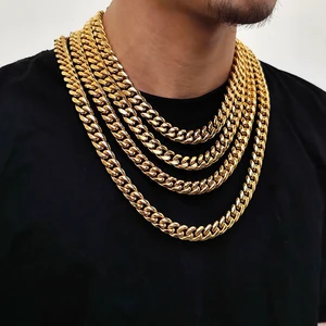 Hip Hop Custom logo 10mm Stainless Steel Jewelry 14k Gold  Miami Cuban Link Chain Necklace