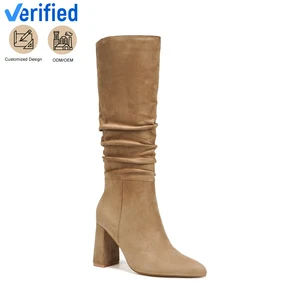 Women's Taupe Suede Knee-High Slouchy Block Heel Boots with Pointed Toe Zip Closure Winter Fashion Essential