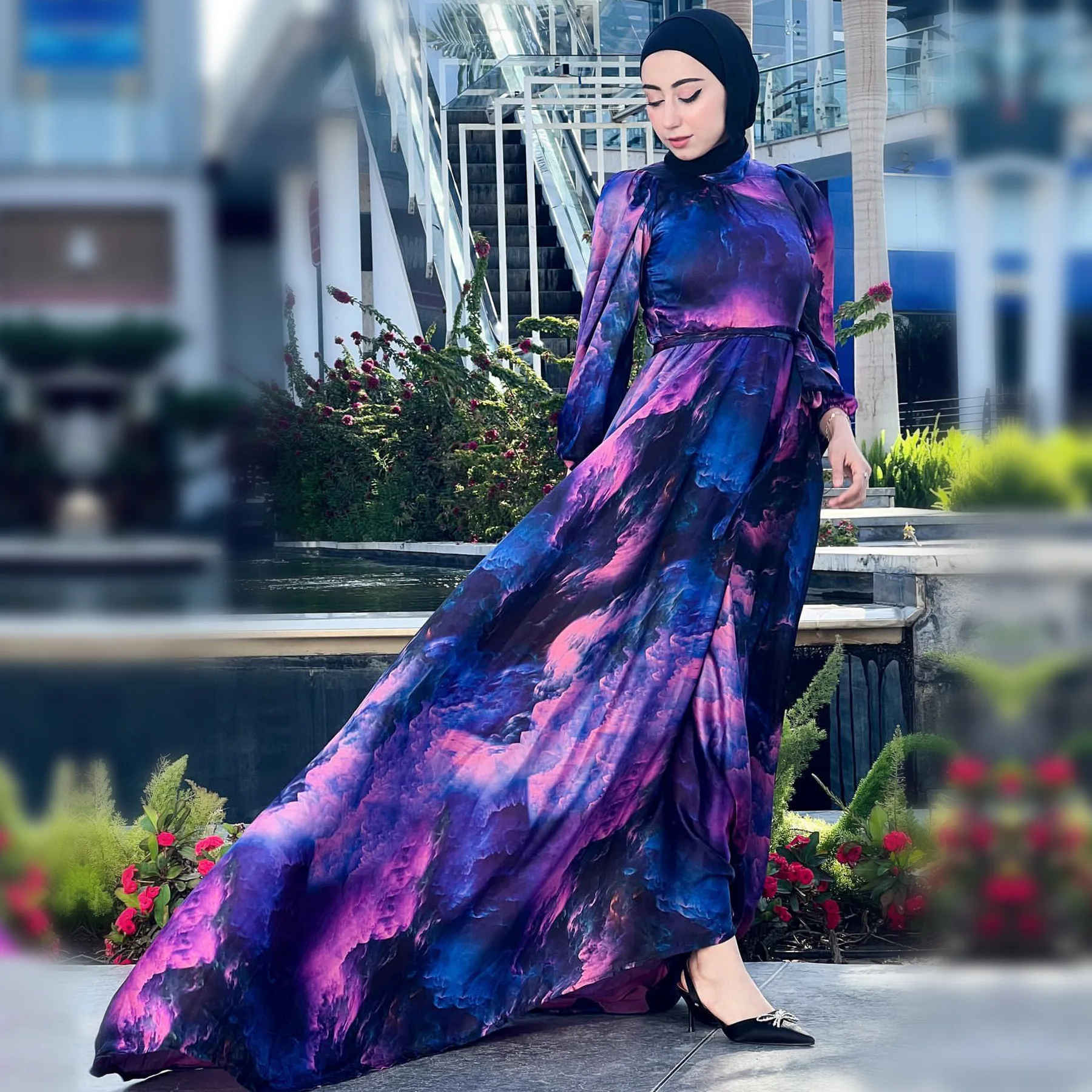 641 Satin Fabric New Abaya Digital Printed Long Sleeves Maxi Kaftan ...