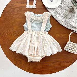 Summer New Solid Casual O-Neck Infant Overalls One-Piece Romper Lace Trim Baby Clothes Baby Girl Rompers