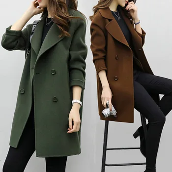 Women Autumn Winter Wear Coat Clothes Double Breasted Long Coat Ladies Long Sleeve Overcoat Jacket D0580