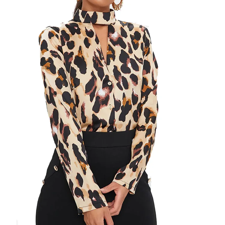 On-trend Silky Fabriclong Sleeves Choker Neck Style Leopard Print Women Blouses