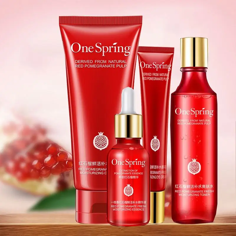 Logo OEM ODM One Spring Moisturizing Red Pomegranate Hyaluronic Acid Brightening Whitening Face Cleanser Toner Skin Care Set