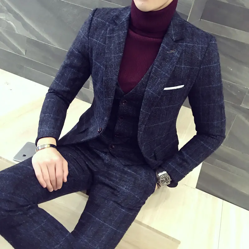 Autunno Inverno British Ultimi Disegni Di Pantaloni Da Cappotto Abito Da  Uomo Blu Abito Da Sposa Scozzese Slim Fit Spesso Smoking 3 Pezzi Abiti Da  Uomo - Buy Abiti Da Uomo 3