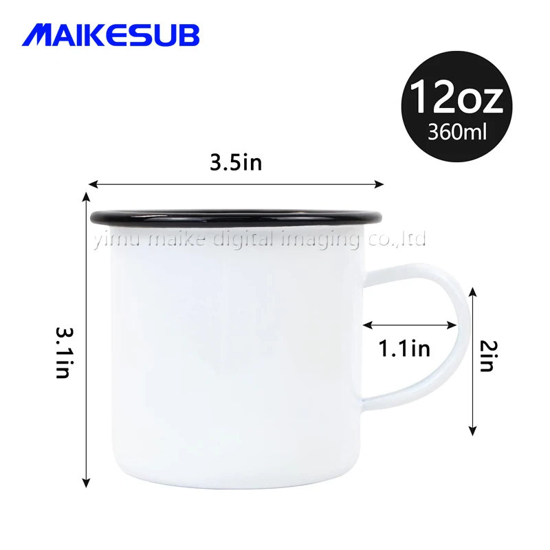 Sublimation 12 OZ Enamel Mug Blanks with Black Rim Outdoor Camping Steel Coffee Metal Mug