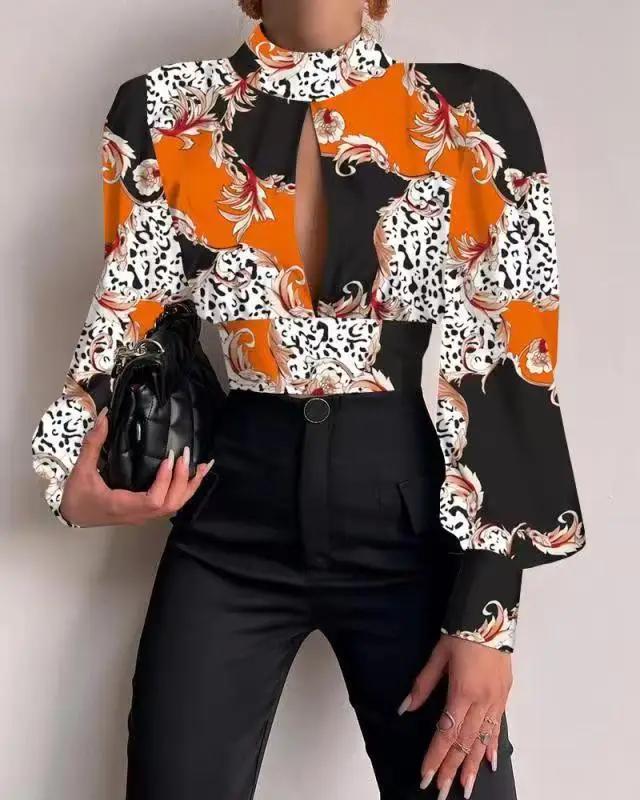 Luxury Backless Tie on Back Stand Collar Full Sleeves Slit Sex Blouse Shirt for Women