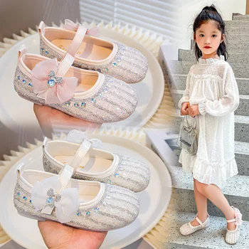 New Luxury Fashion Girls Bow Glittery Shoe Children Kids Shoes School Soft Soled Flat Bottom Outdoor Princess Shoes