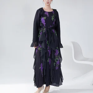 2025 Latest Vintage Floral Cascading Ruffle Printed Pleated Dress Women Free Size Midi Length Belt Elegant Dress Order Model