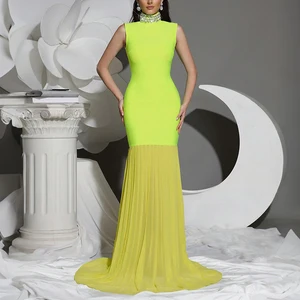 ZYHT 70045 Ladies Sleeveless Floor Length Pleated Mesh Bodycon Rhinestones Bridesmaid Dresses Plus Size Evening Dress for Women