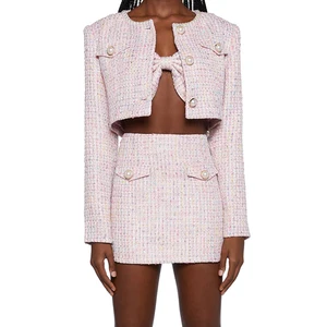 Custom High Quality Luxury Pearl Button Detail Metallic Tweed Set Crop Jacket and a Line Mini Skirt Women's Two Pieces Set