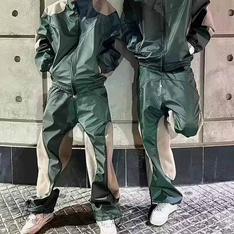 Manufacturer Leather Track Suit Custom Two Piece Cargo Men Outfits Windbreaker Retro Leather Zip up Tracksuits for Men