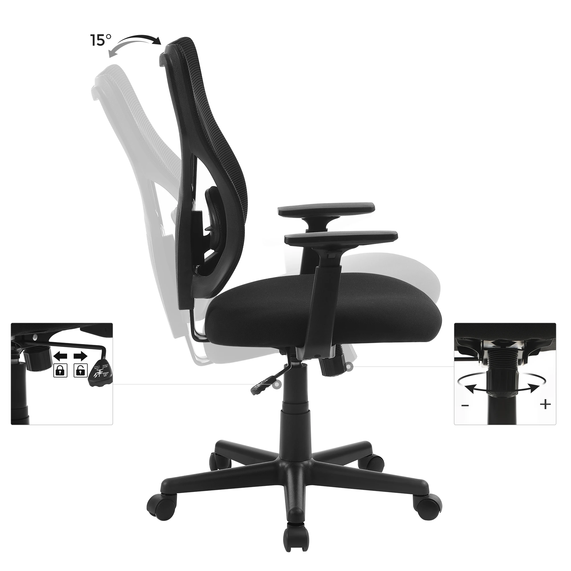 SONGMICS Ergonomic Swivel Office Chair Tilt Mechanism High Back 3D Armrests  Mesh Padded Seat Adjustable Lumbar Support Chair